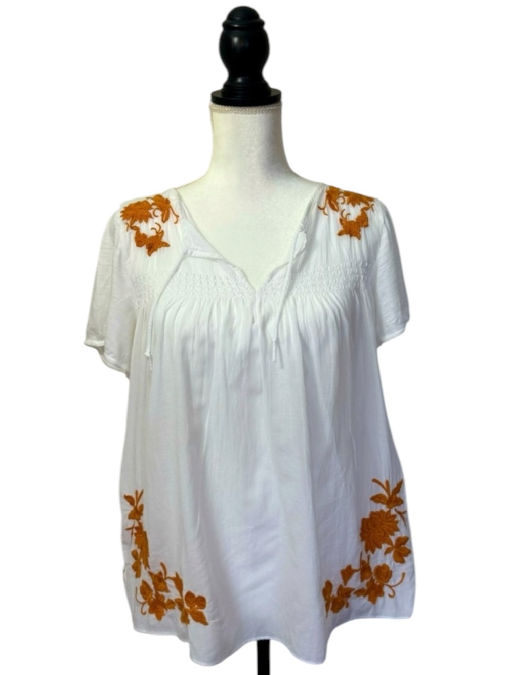 LOFT Smocked Embroidered Peasant Blouse White Gold Cotton Top Small